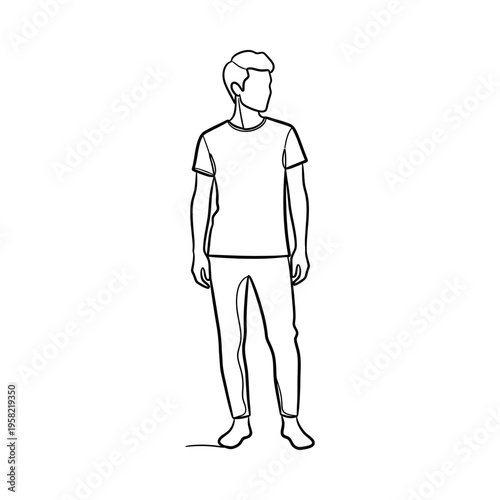Minimalist line drawing of a young man standing casually in a relaxed pose, wearing a t-shirt and pants