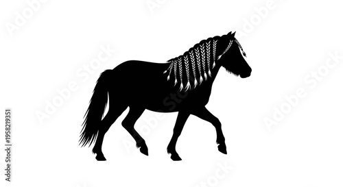 Black horse silhouette with braided mane