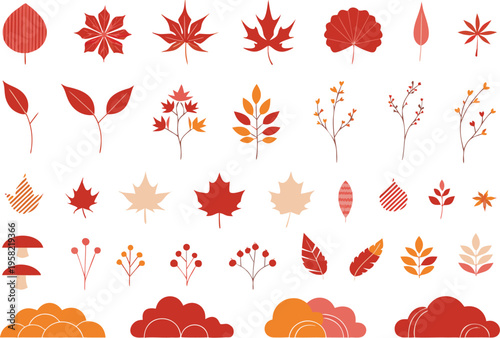 Collection of various autumnal foliage elements featuring colorful leaves branches and bushes Vector