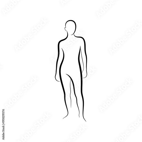 Minimalist line drawing of a human figure standing upright, simple and elegant silhouette illustration