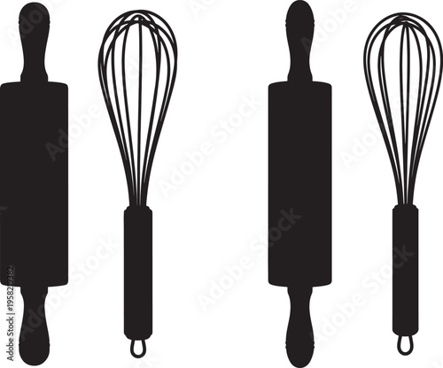 Silhouette of kitchen utensils including rolling pins and whisks