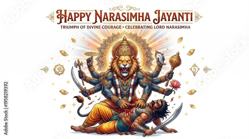 Fierce Narasimha Jayanti scene of the divine lion-man deity triumphing over a demon, surrounded by divine and lotus