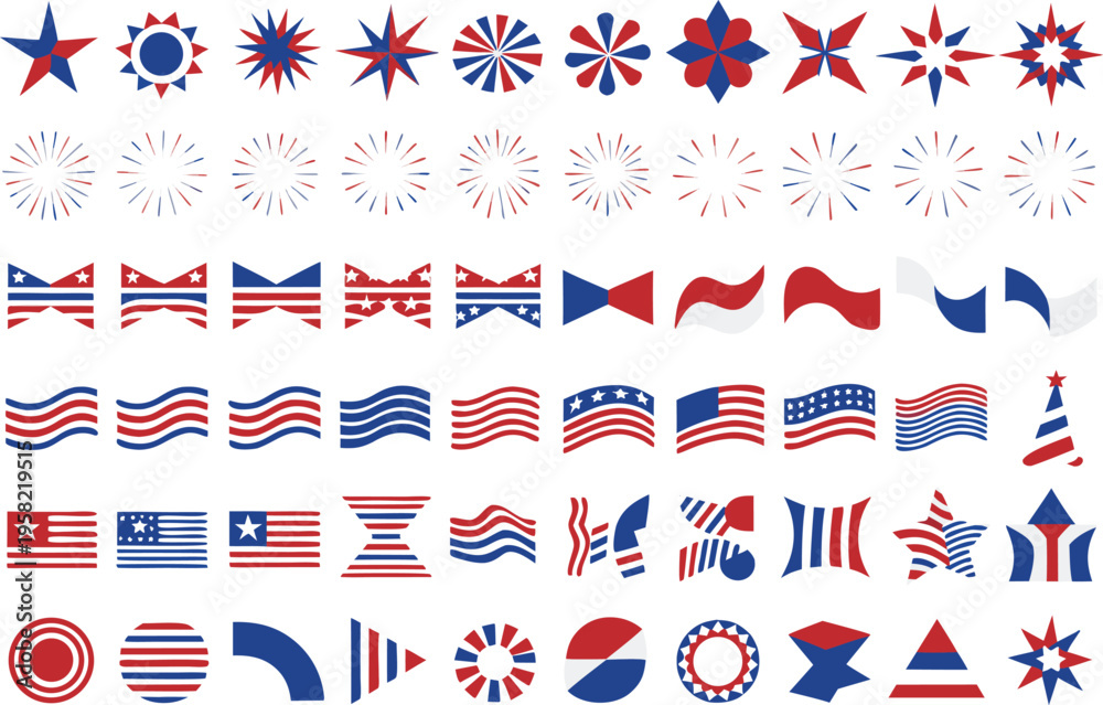 Obraz premium Collection of various patriotic american flag inspired graphic design elements and abstract shapes Vector
