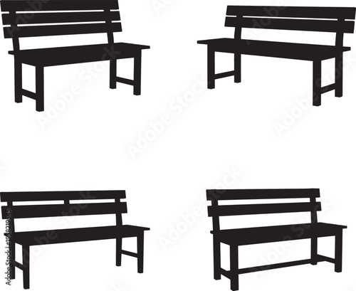 Four black wooden benches in different configurations