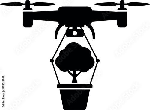 Drone planting a small tree sapling in a pot for environmental restoration efforts