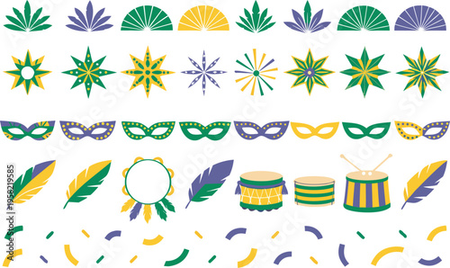 Set of colorful carnival elements including masks feathers drums and decorative festive shapes Vector