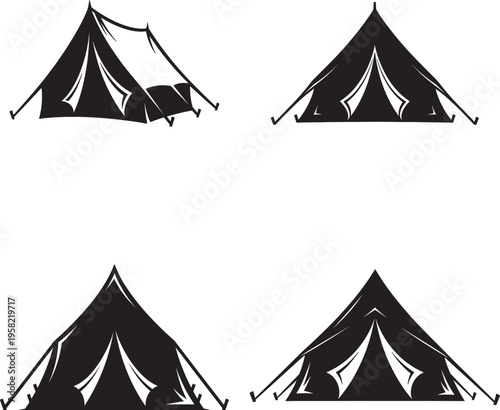 Four black illustrations of camping tents in silhouette style