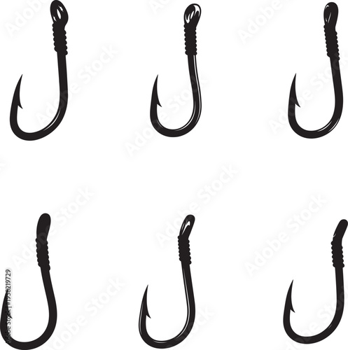 Six black fishing hooks in silhouette style
