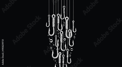 Fishing hooks vertical arrangement silhouette, underwater bubbles theme, artistic angling gear illustration, monochrome design, decorative fishing tackle pattern, sport fishing inspiration