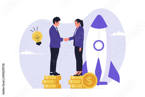 Venture Capital Investment and Startup Growth Concept. A professional illustration of venture capitalists providing large-scale capital to a growing startup, symbolizing high-growth investment