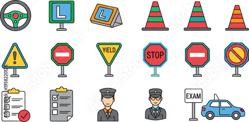 Driving school and road test vector icon set featuring learner signs, traffic cones, stop and yield symbols, instructor, exam checklist and car illustration