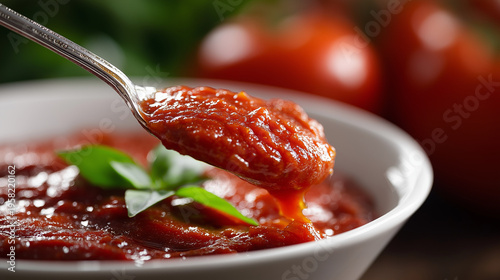 Spoon lifting fresh tomato sauce from a white bowl with green basil leaves and ripe red tomatoes in the background, showing delicious cooking ingredients