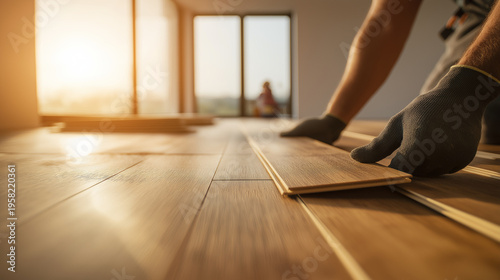Worker installing new laminate or wooden flooring in a home renovation project, laying planks for a modern residential interior upgrade with bright sunlight, copy space