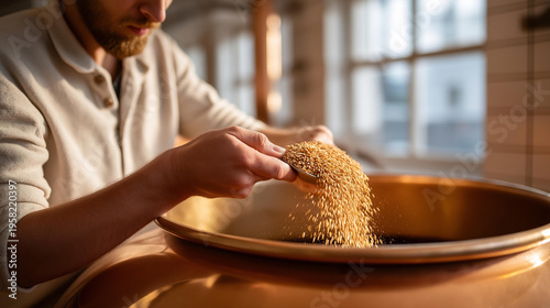 Faceless hands pouring measured grain into gleaming copper brewing mash tun in a bright artisanal craft brewery during morning production. A warm and traditional scene of craft brewing