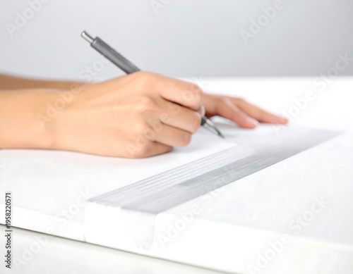 Close-up of a hand drawing a straight line with a ruler and pencil.