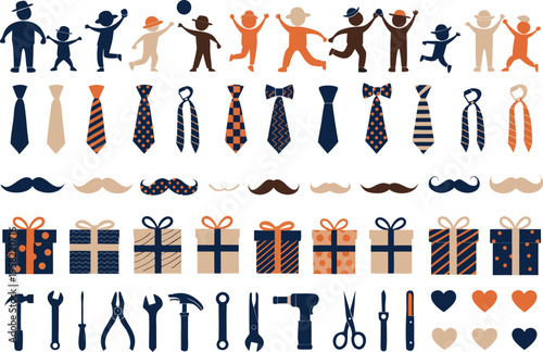 Collection of father day themed icons featuring happy people ties mustaches gifts and hand tools Vector