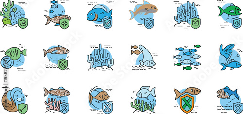 Marine protection and ocean conservation vector icon set with fish coral reef shield symbols aquatic wildlife safety and environmental preservation illustration collection