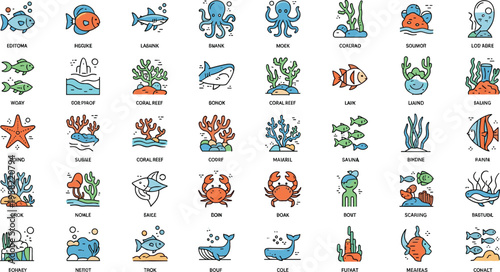 Ocean animals and sea elements vector icon set with fish coral crab octopus dolphin and marine life collection in colorful flat style illustration