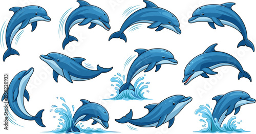 Cartoon dolphin vector set with jumping swimming and splashing poses playful marine animals in blue color isolated on white background illustration