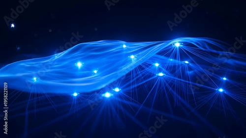 Bioluminescent blue wave glowing network fiber optic glow light particles digital wave illuminated strands neon energy abstract technology blue light trail glowing network node blue connection