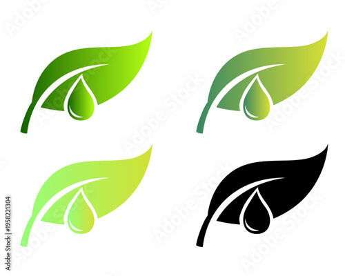 Set of 4 Green Leaf and Water Drop Icons Vector for Eco Friendly Branding and Nature Logo Design isolated on Transparent Background