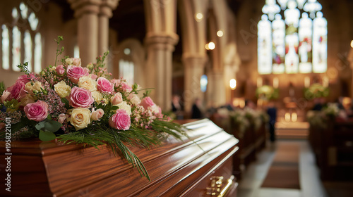 Wooden coffin with floral arrangement at the front of a church, soft focus sanctuary conveying grief, remembrance, and solemn farewell during a funeral service, copy space