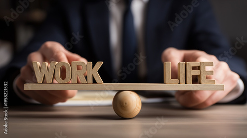 Businessman balancing work and life words on a wooden scale, representing the crucial concept of achieving a harmonious work life balance and career wellbeing, copy space