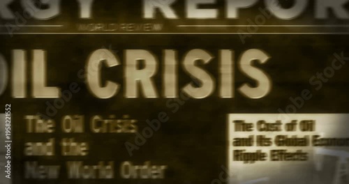 Oil ciris breaking news on vintage microfilm reader. Energy and fossil fuel economy title headline newspaper on retro microfishe. Information media print looped animation. 