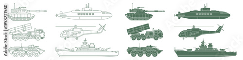 Set of military vehicles including tanks, submarines, helicopters, missile, trucks, and warships in outline and flat silhouette isolated on transparent background