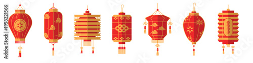 Set of traditional Chinese hanging lanterns with tassels and cultural patterns for lunar new year celebration isolated on transparent background