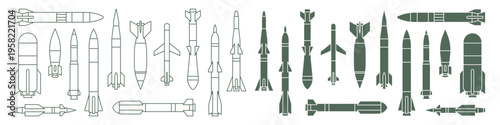 Set of military ballistic missiles rockets bombs and torpedoes in outline and flat silhouette styles isolated on transparent background