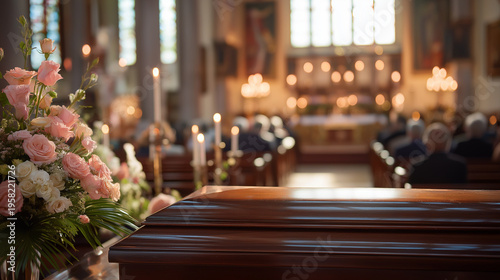 Funeral service taking place inside solemn church with focus on brown coffin adorned with pink roses. Surrounded by flickering candles and mourners attending in blurred background. Grief, copy space