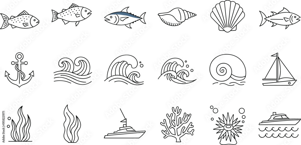 Αυτοκόλλητο Marine outline icon vector set with fish waves anchor shell coral boat and ocean