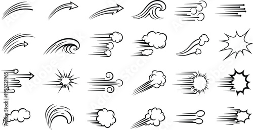 Cartoon speed motion effects collection with dynamic lines smoke bursts wind swoosh elements comic style action vector set illustration