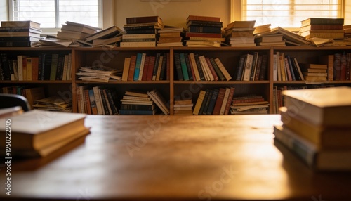 Featuring wooden table filling foreground in study room, with closed books, chair back, blinds