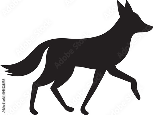 Cunning fox silhouette walking in side profile with bushy tail and sharp ears in vector