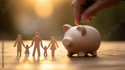 Family paper cutouts piggy bank coin hand placing coin into ceramic pig under warm golden light, parent saving for child education, couple planning retirement, symbolic household budget and emergency