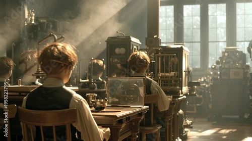 Neo-Victorian classroom students period clothing studying semi-transparent robotic models mechanical devices, brass gears, steam rising experiments, warm sunlight tall windows, cinematic, high-detail