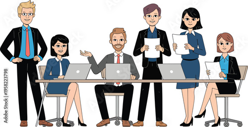 Cartoon illustration of diverse business team collaborating with laptops and documents in meeting  office work environment concept