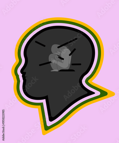 Human head silhouette with a small curled-up figure inside, pierced by sharp lines symbolizing intrusive thoughts, anxiety, and mental distress. Concept of depression or psychological pressure.