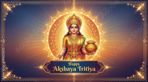 Divine Hindu goddess Lakshmi in golden attire holding lotus flowers and a pot of coins against a glowing sunburst and ornate border for Akshaya Tritiya festival greetings