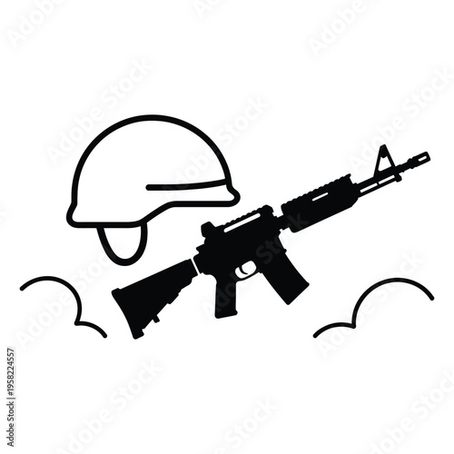 Military helmet and assault rifle silhouette defense army equipment vector icon