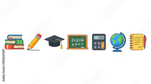 A vibrant collection of educational icons representing books, writing, graduation, math, calculation, geography, and note-taking for academic and learning purposes