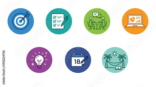 Collection of circular icons representing business concepts, including goal setting, planning, teamwork, financial reporting, creativity, scheduling, and vacation