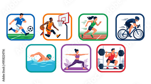Collection of diverse sports and fitness activity icons showcasing dynamic movement and healthy lifestyle choices