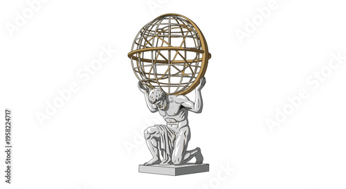 A muscular Atlas figure kneels while balancing a golden-ringed armillary sphere on his shoulders against a white background.