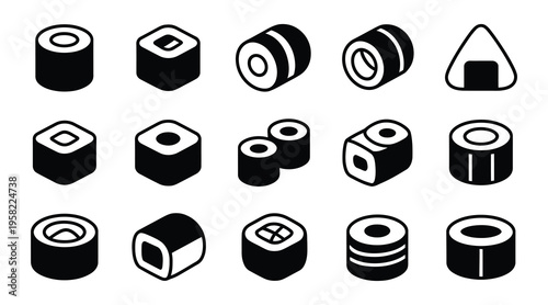Sushi icons set with rolls nigiri and maki Japanese food vector collection