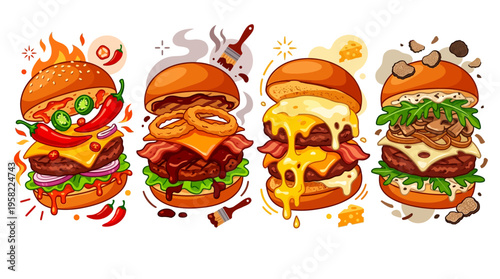 Delicious Gourmet Burgers Collection Featuring Fresh Ingredients and Irresistible Toppings, Perfect for Food Lovers and Menu Design