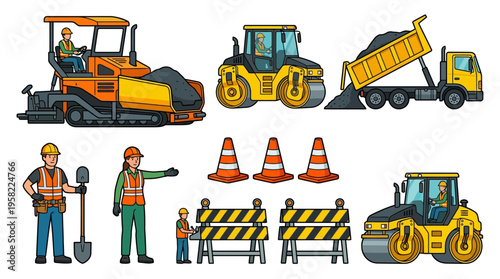 Construction equipment and safety devices illustrated in a vector graphic