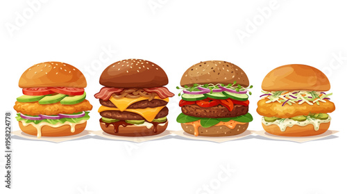 Four delicious and diverse gourmet burgers, each a masterpiece of flavor and texture, showcased in a mouthwatering arrangement